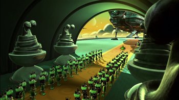 Movie still from “Jimmy Neutron: Boy Genius” (2001), directed by John A. Davis – An image of an animated scene with a bunch of people; Extreme Wide shot, High angle