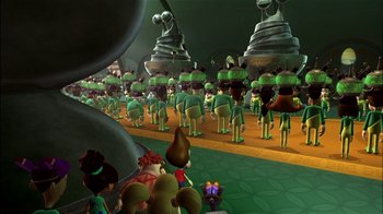 Movie still from “Jimmy Neutron: Boy Genius” (2001), directed by John A. Davis – A group of people standing in front of a crowd; Extreme Wide shot, High angle