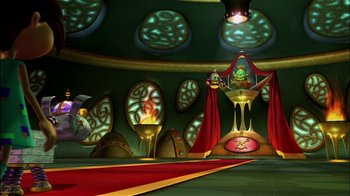 Movie still from “Jimmy Neutron: Boy Genius” (2001), directed by John A. Davis – An artistic rendering of a room with a lot of lights and decorations; Extreme Wide shot, High angle