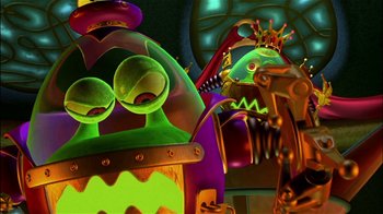 Movie still from “Jimmy Neutron: Boy Genius” (2001), directed by John A. Davis – View of a cartoon character's face; Medium shot, Low angle