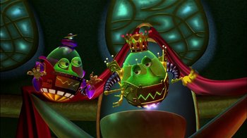 Movie still from “Jimmy Neutron: Boy Genius” (2001), directed by John A. Davis – Two cartoon characters are in the dark; Wide shot, Low angle