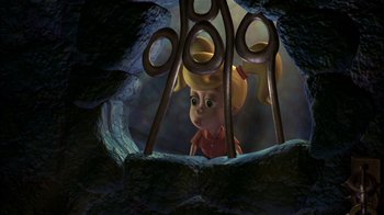 Movie still from “Jimmy Neutron: Boy Genius” (2001), directed by John A. Davis – A girl looking through a hole in a wall; Medium shot, High angle