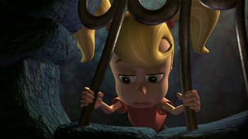 Movie still from “Jimmy Neutron: Boy Genius” (2001), directed by John A. Davis – A cartoon of a little girl holding a pair of shears; Close Up shot, High angle