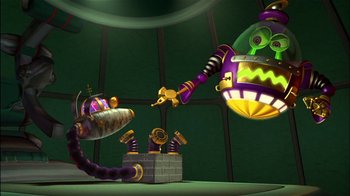 Movie still from “Jimmy Neutron: Boy Genius” (2001), directed by John A. Davis – A green and yellow cartoon with a purple and yellow background; Wide shot, Low angle