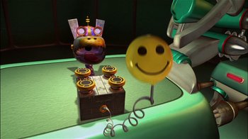 Movie still from “Jimmy Neutron: Boy Genius” (2001), directed by John A. Davis – A balloon with a face on it is sitting next to a box; Wide shot, High angle