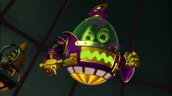 Movie still from “Jimmy Neutron: Boy Genius” (2001), directed by John A. Davis – An image of an animated character that is in the shape of an egg; Medium shot, Low angle