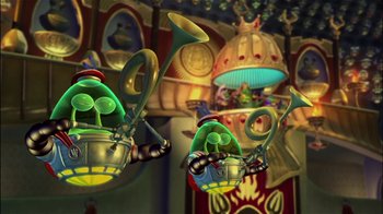 Movie still from “Jimmy Neutron: Boy Genius” (2001), directed by John A. Davis – A group of cartoon characters in a room; Extreme Wide shot, Low angle