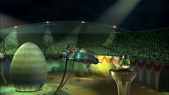 Movie still from “Jimmy Neutron: Boy Genius” (2001), directed by John A. Davis – An image of an alien in the middle of the night; Extreme Wide shot, High angle