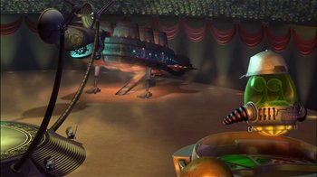 Movie still from “Jimmy Neutron: Boy Genius” (2001), directed by John A. Davis – An image of an animated scene with a spaceship in the background; Extreme Wide shot, High angle
