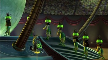 Movie still from “Jimmy Neutron: Boy Genius” (2001), directed by John A. Davis – A group of people standing next to each other on stairs; Extreme Wide shot, Low angle