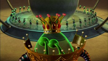 Movie still from “Jimmy Neutron: Boy Genius” (2001), directed by John A. Davis – The crown of a green creature; Wide shot, High angle
