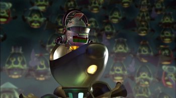 Movie still from “Jimmy Neutron: Boy Genius” (2001), directed by John A. Davis – An animated robot is sitting in front of a bunch of other animated robots; Medium shot, Low angle