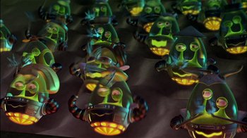 Movie still from “Jimmy Neutron: Boy Genius” (2001), directed by John A. Davis – A group of green and yellow toy characters; Close Up shot, High angle