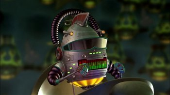 Movie still from “Jimmy Neutron: Boy Genius” (2001), directed by John A. Davis – An illustration of a robot with headphones and a microphone; Medium shot, High angle
