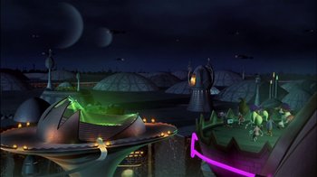 Movie still from “Jimmy Neutron: Boy Genius” (2001), directed by John A. Davis – An alien landscape with a lot of planets in the background; Extreme Wide shot, High angle