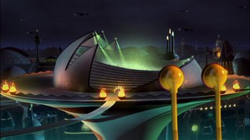 Movie still from “Jimmy Neutron: Boy Genius” (2001), directed by John A. Davis – An artistic rendering of a ship in the water; Extreme Wide shot, High angle
