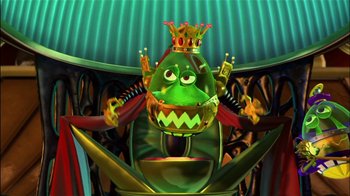 Movie still from “Jimmy Neutron: Boy Genius” (2001), directed by John A. Davis – A green frog wearing a crown in front of a green wall; Medium shot, Low angle