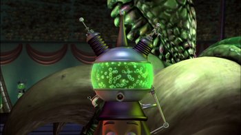 Movie still from “Jimmy Neutron: Boy Genius” (2001), directed by John A. Davis – An animated robot with a green light on its head; Medium shot, High angle
