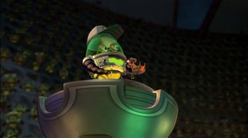 Movie still from “Jimmy Neutron: Boy Genius” (2001), directed by John A. Davis – A cartoon character sitting on top of a building; Medium shot, Low angle