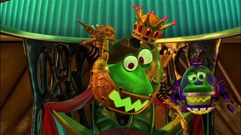 Movie still from “Jimmy Neutron: Boy Genius” (2001), directed by John A. Davis – A green monster wearing a crown and holding a sword; Medium shot, Low angle