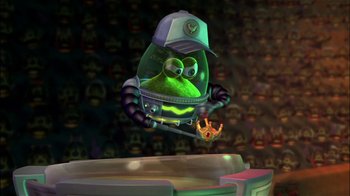 Movie still from “Jimmy Neutron: Boy Genius” (2001), directed by John A. Davis – A cartoon character with a hat and a baseball cap on; Medium shot, Over the shoulder angle