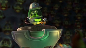 Movie still from “Jimmy Neutron: Boy Genius” (2001), directed by John A. Davis – A cartoon character is sitting in a bowl; Medium shot, Low angle