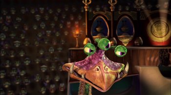 Movie still from “Jimmy Neutron: Boy Genius” (2001), directed by John A. Davis – An image of an odd looking creature in a room; Medium shot, High angle