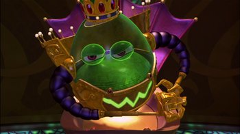 Movie still from “Jimmy Neutron: Boy Genius” (2001), directed by John A. Davis – An animated character is wearing a crown and glasses; Close Up shot, High angle