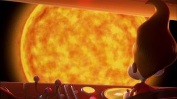 Movie still from “Jimmy Neutron: Boy Genius” (2001), directed by John A. Davis – A mickey mouse looking at the sun through a window; Medium shot, Over the shoulder angle