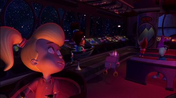 Movie still from “Jimmy Neutron: Boy Genius” (2001), directed by John A. Davis – A scene of a cartoon character in a room; Wide shot, High angle