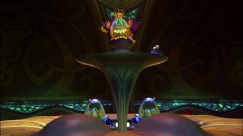 Movie still from “Jimmy Neutron: Boy Genius” (2001), directed by John A. Davis – A fountain in a room that is lit up with lights; Wide shot, Low angle