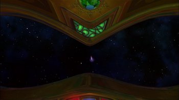 Movie still from “Jimmy Neutron: Boy Genius” (2001), directed by John A. Davis – A view of a space ship from the ground up; Extreme Wide shot, Overhead angle