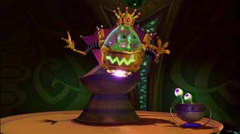Movie still from “Jimmy Neutron: Boy Genius” (2001), directed by John A. Davis – A cartoon of a green and yellow creature with a crown on its head; Medium shot, Low angle