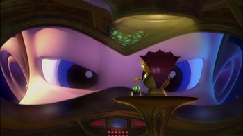 Movie still from “Jimmy Neutron: Boy Genius” (2001), directed by John A. Davis – An image of an animated scene with a person in the background; Extreme Wide shot, Over the shoulder angle