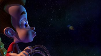 Movie still from “Jimmy Neutron: Boy Genius” (2001), directed by John A. Davis – A person's face in a space scene; Medium shot, High angle