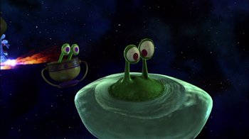 Movie still from “Jimmy Neutron: Boy Genius” (2001), directed by John A. Davis – A green alien with two eyes on top of a green object; Extreme Wide shot, High angle