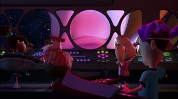 Movie still from “Jimmy Neutron: Boy Genius” (2001), directed by John A. Davis – A scene from a cartoon where a couple of people are standing in front of a window; Wide shot, Low angle