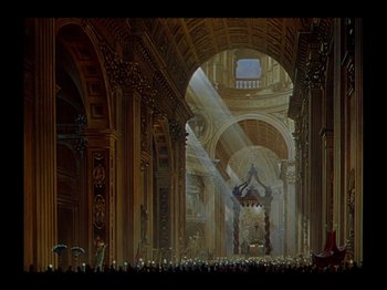 Movie still from “Joan of Arc” (1948), directed by Victor Fleming – A painting of a church with a lot of people in it; Extreme Wide shot, Low angle