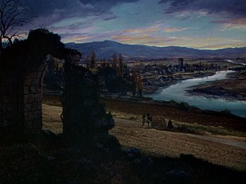 Movie still from “Joan of Arc” (1948), directed by Victor Fleming – An oil painting of a landscape with a river and mountains in the background; Extreme Wide shot, High angle