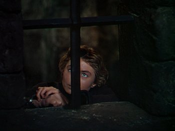 Movie still from “Joan of Arc” (1948), directed by Victor Fleming – A young woman looking over a fence at the camera; Close Up shot, High angle