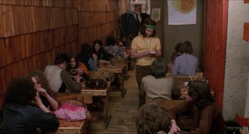 Movie still from “Joe” (1970), directed by John G. Avildsen – A group of people sitting at tables in a room; Wide shot, High angle