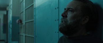 Movie still from “Joe” (2013), directed by David Gordon Green – A man with a goatee and a beard is crying; Close Up shot, Low angle