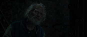 Movie still from “Joe” (2013), directed by David Gordon Green – An old man with a beard is looking into the distance; Close Up shot, Over the shoulder angle