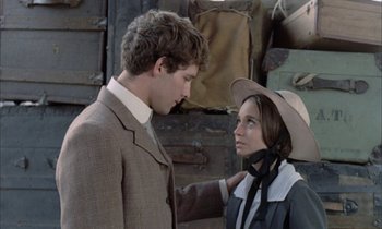 Movie still from “Johnny Got His Gun” (1971), directed by Dalton Trumbo – A man and a woman are looking at one another; Medium shot, Over the shoulder angle