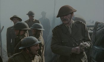 Movie still from “Johnny Got His Gun” (1971), directed by Dalton Trumbo – A group of men in military uniforms standing next to each other; Medium shot, Low angle