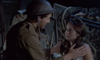 Movie still from “Johnny Got His Gun” (1971), directed by Dalton Trumbo – A man and a woman in a war time setting; Medium shot, Over the shoulder angle