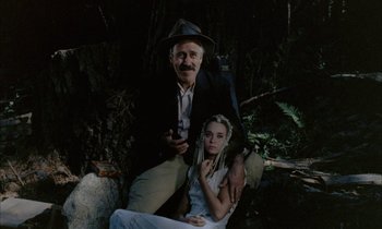 Movie still from “Johnny Got His Gun” (1971), directed by Dalton Trumbo – An older man and a young woman sitting on a rock; Medium shot, High angle