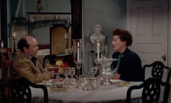 Movie still from “Johnny Guitar” (1954), directed by Nicholas Ray – A man and a woman sitting at a dinner table; Medium shot, High angle
