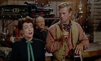 Movie still from “Johnny Guitar” (1954), directed by Nicholas Ray – A group of people standing next to each other in a room; Medium shot, Over the shoulder angle