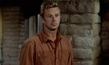 Movie still from “Johnny Guitar” (1954), directed by Nicholas Ray – A person standing near a brick wall; Close Up shot, Over the shoulder angle